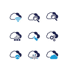 Obraz premium Vector illustration of collection of nine minimalist cloud icons, each representing a different aspect of cloud computing services like wifi, search, security, and data