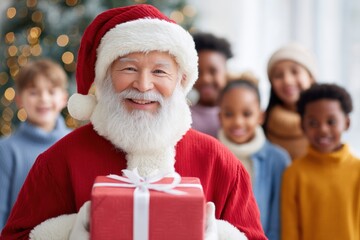 Joyful Santa Claus in festive red attire, holding a beautifully wrapped gift, surrounded by smiling children celebrating the holiday season with warmth and cheer