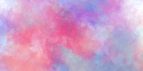 Abstract colorful watercolor drawing on a paper image, with puffy clouds in bright rainbow colors of pink blue yellow orange and purple, fantasy smooth light pink watercolor painted background.
