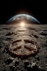 A glowing peace symbol on the surface of the moon, Earth visible in the background