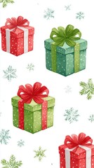 Colorful watercolor illustration of festive gift boxes in red and green with bows, surrounded by snowflakes, creating a cheerful holiday atmosphere for seasonal celebrations
