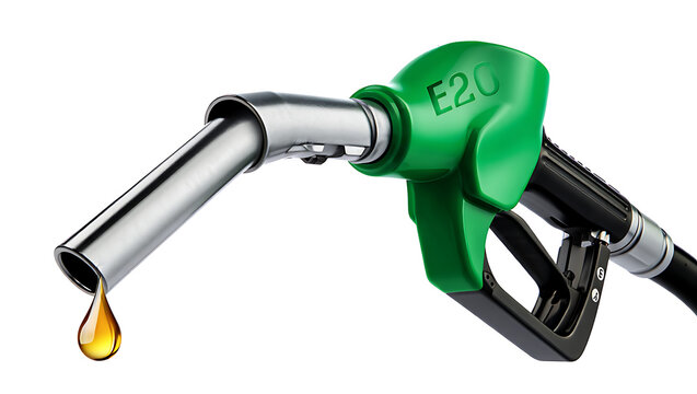 A green E20 fuel pump nozzle angled downwards with a single drop of petrol falling from its tip.