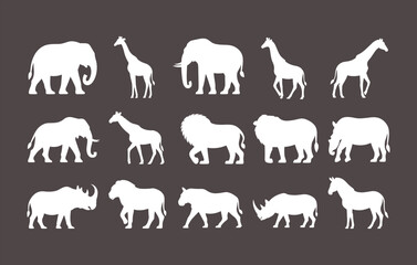 Wild animal silhouettes pack, elephant icons, lion icons, giraffe icons, zebra icons, rhino icons, safari animals vector illustration