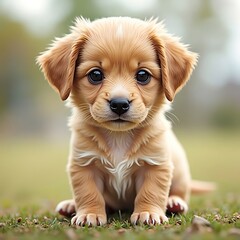 Adorable Puppy Sitting on Grass Looking at Camera