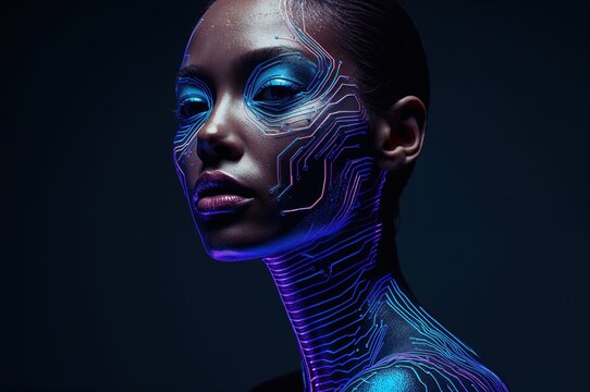 Cybernetic model glows with neon circuitry painted in avant-garde style - Powered by Adobe