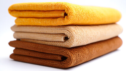 Three soft, folded bath towels in yellow, tan, and brown, stacked neatly on top of each other.
