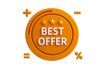 3d orange coin with best offer text and stars symbolizing a great deal or promotion isolated on transparent background