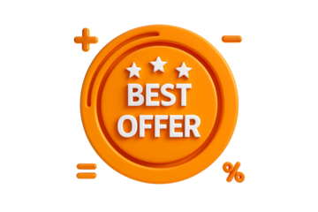 Orange 3d emblem with three stars and the text best offer isolated on transparent background