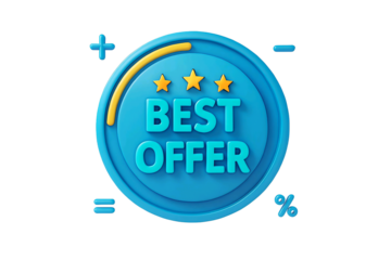 3d blue circle badge with three golden stars and the text best offer isolated on transparent background