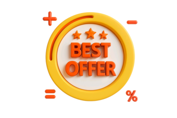 3d rendering of a best offer badge with stars and percentage symbol isolated on transparent background