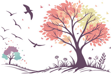 Fototapeta premium Vector art of autumn tree with birds, showcasing vibrant foliage in shades of pink, yellow, and green, creating a picturesque seasonal landscape