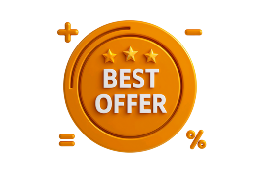 3d orange coin with best offer text and stars symbolizing a great deal or promotion isolated on transparent background