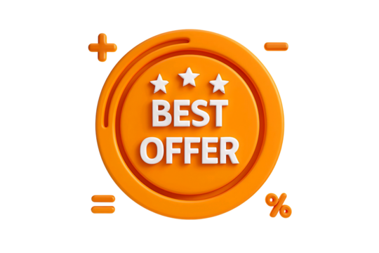 Orange 3d emblem with three stars and the text best offer isolated on transparent background