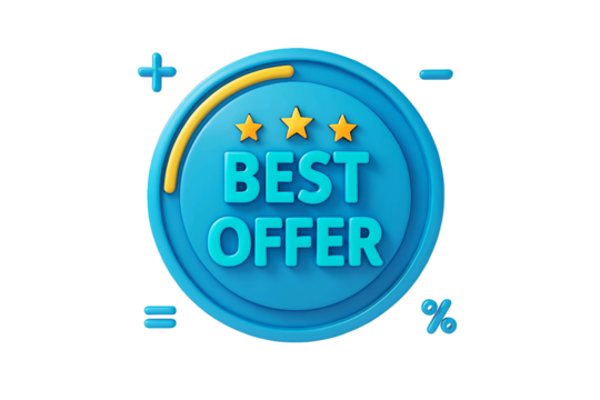 3d blue circle badge with three golden stars and the text best offer isolated on transparent background
