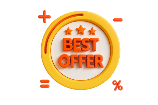 3d rendering of a best offer badge with stars and percentage symbol isolated on transparent background