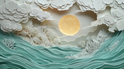 Papercut Landscape: Serene Seascape with Illuminated Sun