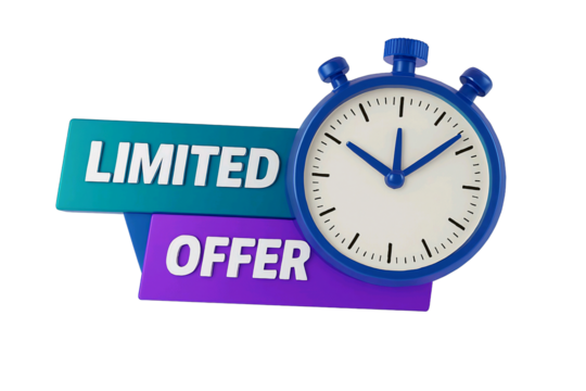 A 3d stopwatch next to a limited offer banner with text isolated on transparent background