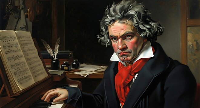 Ludwig van Beethoven Portrait at Piano with Score.