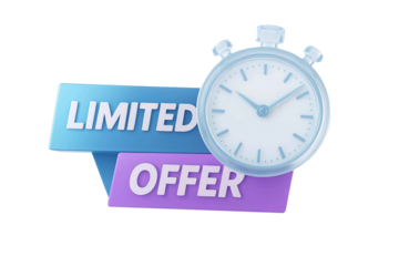 3d rendering of a stopwatch next to a limited offer banner isolated on transparent background