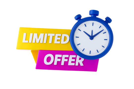 3d illustration of a stopwatch next to bright yellow and pink banners with text limited offer isolated on transparent background