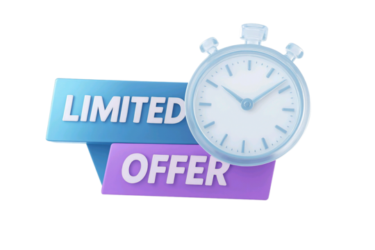 3d rendering of a stopwatch next to a limited offer banner isolated on transparent background