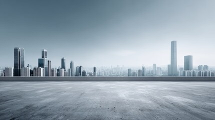 Obraz premium Modern Cityscape Panorama with Empty Concrete Floor and Blue Sky, Ideal for Urban Development and Architecture