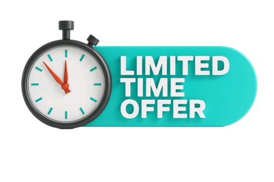 Stopwatch next to a turquoise sign with the text limited time offer isolated on transparent background - Powered by Adobe