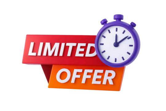 3d rendering of a purple stopwatch next to a red and orange limited offer banner isolated on transparent background