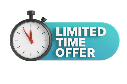 Vintage stopwatch next to a teal oval banner with the words limited time offer isolated on transparent background