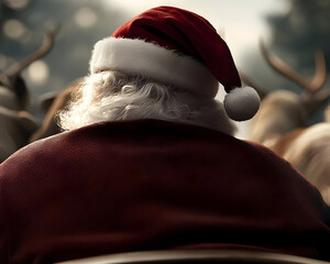 Santa Claus Back View On Sleigh With Reindeer