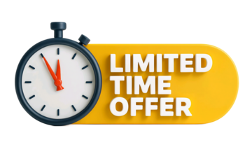 Retro stopwatch next to a bright yellow limited time offer banner isolated on transparent background
