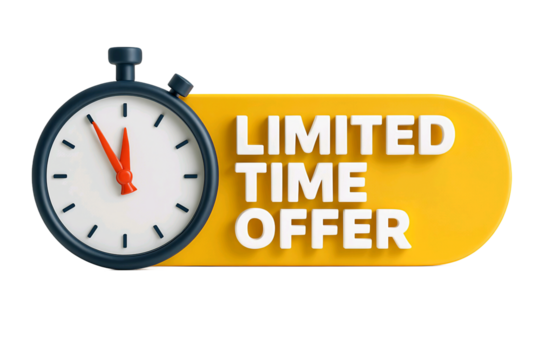 Retro stopwatch next to a bright yellow limited time offer banner isolated on transparent background