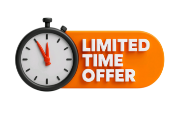 Retro stopwatch next to a bright orange oval banner with the words limited time offer isolated on transparent background