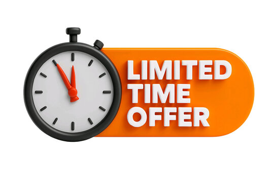Retro stopwatch next to a bright orange oval banner with the words limited time offer isolated on transparent background