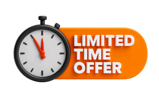 Retro stopwatch next to a bright orange oval banner with the words limited time offer isolated on transparent background