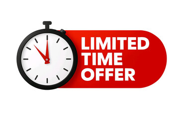 Classic analog stopwatch with red banner displaying limited time offer isolated on transparent background