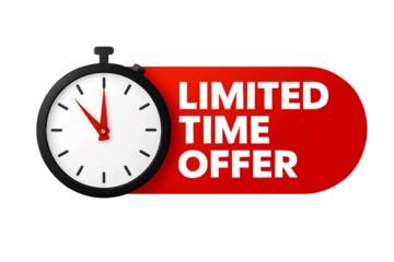 Classic analog stopwatch with red banner displaying limited time offer isolated on transparent background