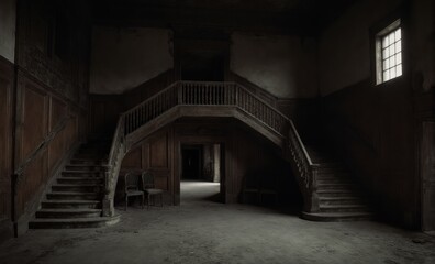 Fototapeta premium Dark haunted mansion hall with old wooden staircase and eerie abandoned atmosphere