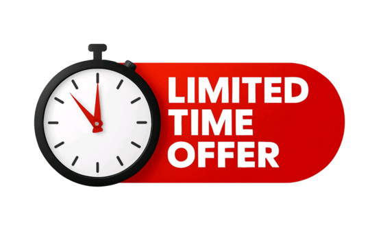 Classic analog stopwatch with red banner displaying limited time offer isolated on transparent background