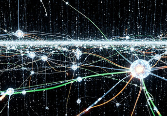 Network of glowing nodes connected across digital space, futuristic artificial intelligence big data deep learning visualization cyber concept
