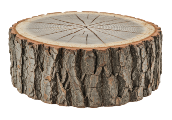 A meticulously cleaned, horizontally-cut tree stump, rough bark, intricate cracks, and distinct annual growth rings in browns and grays, on a transparent studio background with copy space. Concept of