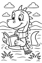 Cute friendly Loch Ness Monster swimming while reading a book and juggling seashells, a fun illustration.