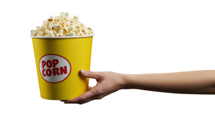 Manicured female hand holds overflowing yellow popcorn bucket with fluffy white popcorn, sharp focus on blurred cinema seats background with bokeh, concept of leisure entertainment