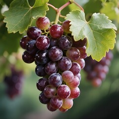 Fototapeta premium Close-up of a cluster of plump, ripe dark grapes on the vine.