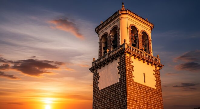 Historic Stone Church Bell Tower at Golden Sunset.