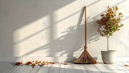 Golden autumn leaves scattered on a pristine wooden floor, a traditional broom leaning against a bright sunlit wall, next to a potted plant, evoking a cozy indoor cleaning scene