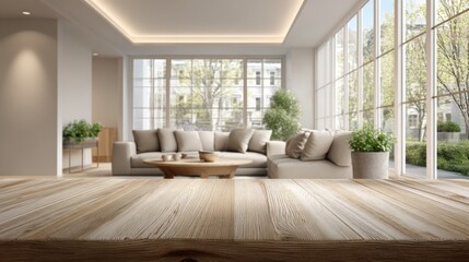 Fototapeta premium Bright Modern Living Room Interior with Large Windows and Wooden Tabletop Foreground for Product Placement