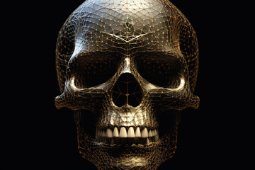 Artistic golden metallic skull with geometric mesh grid design in dramatic moody lighting for science fiction, technology, and abstract art concepts. Generated AI