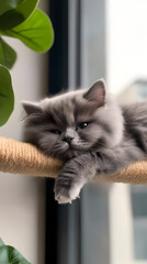 Gray Kitten Relaxing On Cat Tree Near Window