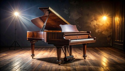 An isolated black grand piano is a classic musical instrument perfect for a concert stage, playing classical or jazz music
